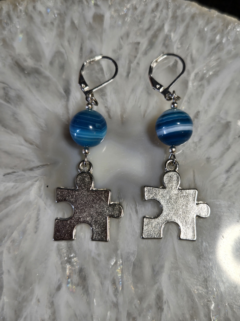 Blue Agate Bead Autism Awareness Puzzle Piece Earrings